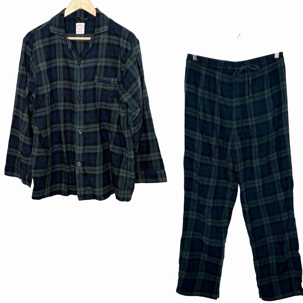 Brooks Brothers Flannel Pajamas Set Black Watch Plaid Mens Small Green Blue